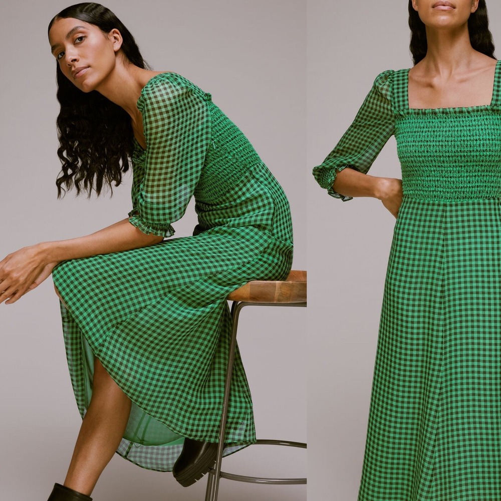 $319 Whistles Green Lottie Gingham Smocked Midi Dress Square Neck US 6 UK 10 - Picture 3 of 7